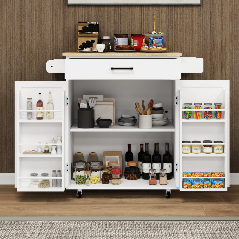 Chariot pour îlot de cuisine avec 1 tiroir, 2 portes, rangement, tablettes réglables, porte-serviettes, support à assaisonnements - rangement de qualité blanche et supports roulants
