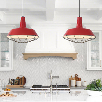 2 Pack Red Farmhouse Pendant Light, 18.1 Inch Large Pendant Lights , Industrial Pendant Light with Wire Cage,Island Pendant Lights for Kitchen Barn Dining Room