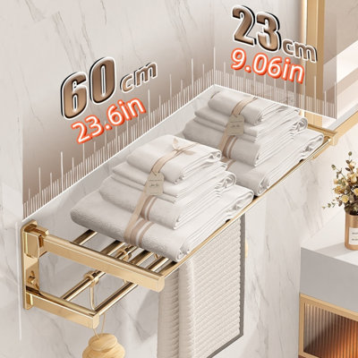 Porte-serviettes de salle de bain en laiton massif sans perçage avec tablette de douche - Organisateur de quincaillerie de salle de bain durable pour rangement de salle de bain