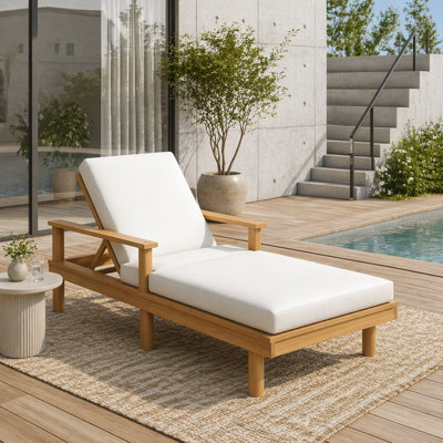 5-Position Adjustable Outdoor Chaise Lounge, Solid Wood Patio Recliner Chair with Thick Cushions and Armrests
