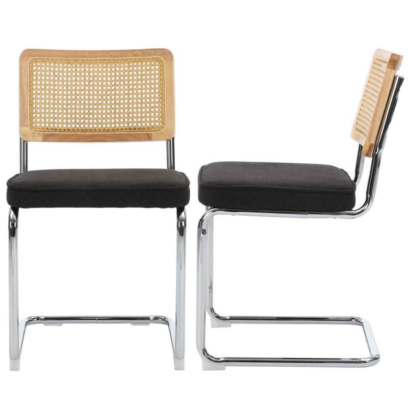 Dining Chairs with Natural Cane Back & Stainless Chrome Base, Linen Black