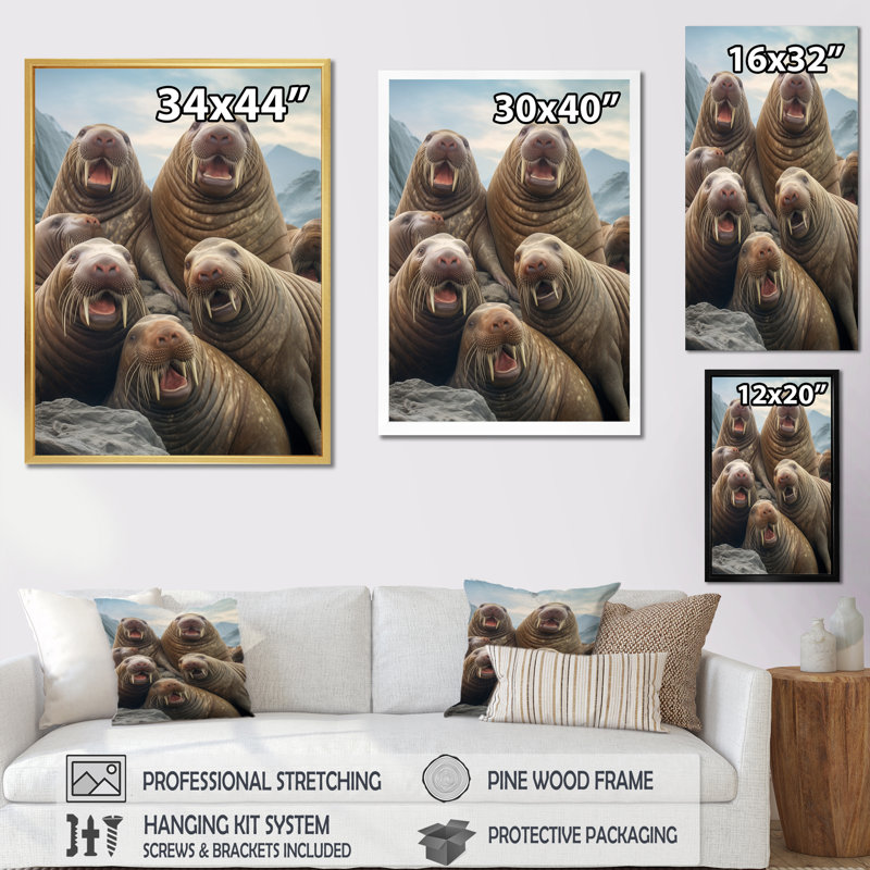 " Walrus Familly Portrait ", 44" H x 34" W x 1.5" D, Gold Single Picture Framed