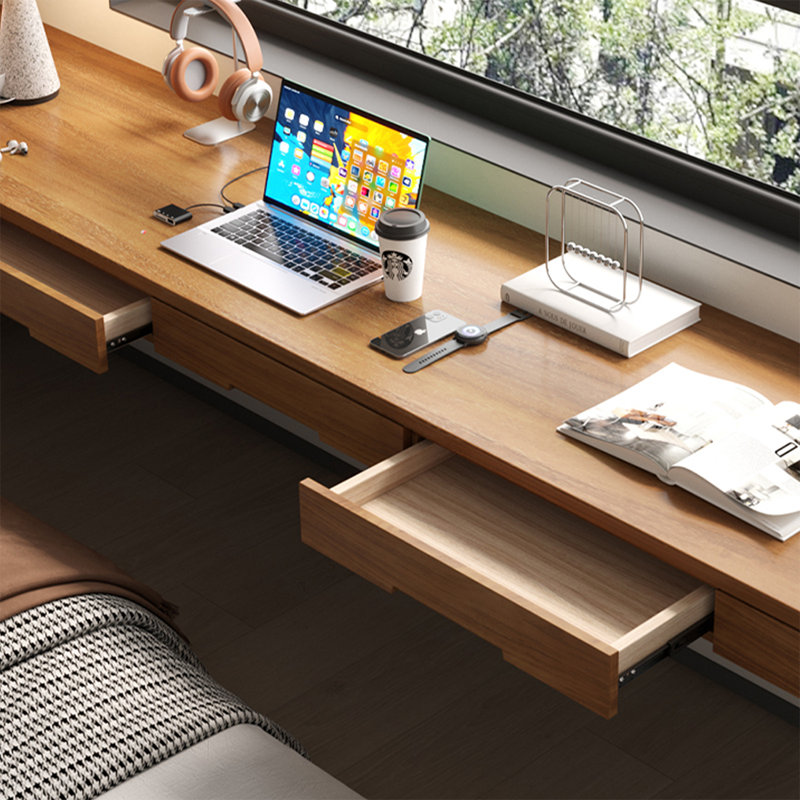 Walnut Rectangular Solid Wood Writing desk,Floating desk with drawers desk, 5.91"H*94.49"W*19.69"D