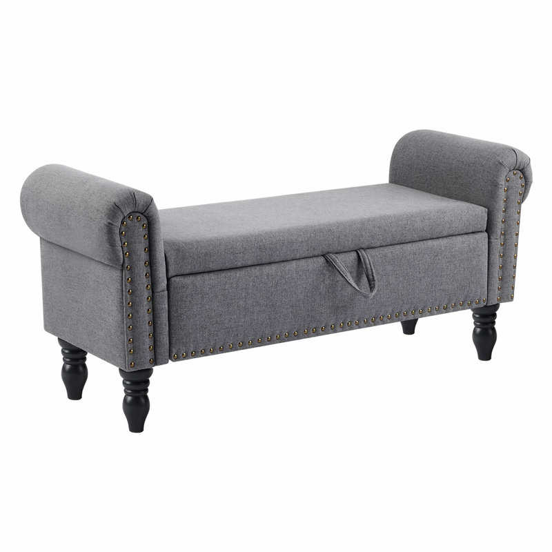 Banc de rangement rembourré en lin Saly, Gris, Noir