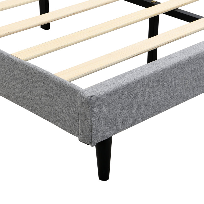 Grand lit plateforme tapissier, tête de lit capitonnée en lin, ports USB, poches latérales, sans sommier - gris clair, Grand