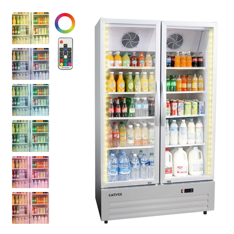 32.8 Cu.ft Double Door Commercial Beverage Cooler - 580-Can Glass Display Fridge | Adjustable Shelves, Frost-Free Air-Cooled, Automatic Door Rebound | for Bar/Restaurant/Supermarket