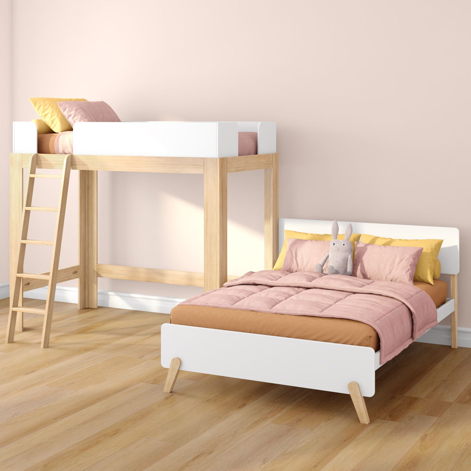 Ambur L-Shaped Bunk Bed, Twin over Full, White/Blonde