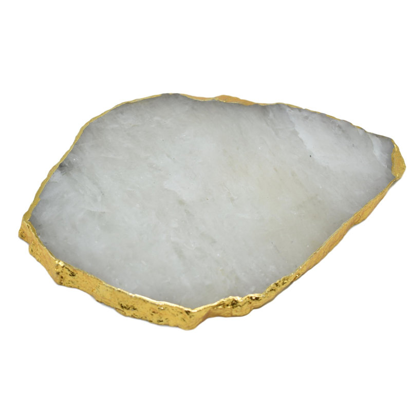 Trivet à quartz nuageuse naturel avec bordure dorée