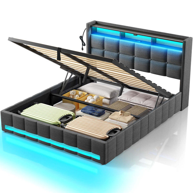 Jilissa Upholstered Bookcase Lift Up Storage Bed with Charging Station and RGB LED Lights, Queen, Gray