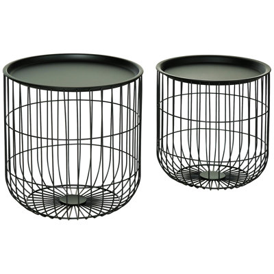 Nesting Coffee Tables, Round Coffee Table Set Of 2 With Steel Wired Basket Body And Removable Top, Stacking End Tables Blanket Storage