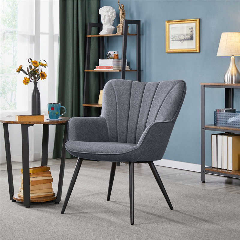 color Upholstered Armchair, Modern  Accent Chair with Wing Side and Metal Legs, Black, Grey Linen