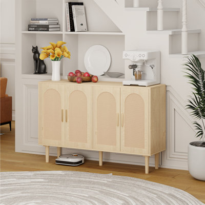 Ebern Designs Sideboard Buffet Cabinet, Kitchen Storage Cabinet With Rattan Doors, Cupboard Console Table With 4 Door, Accent Cabinet With Solid Wood Feet For Living Room
