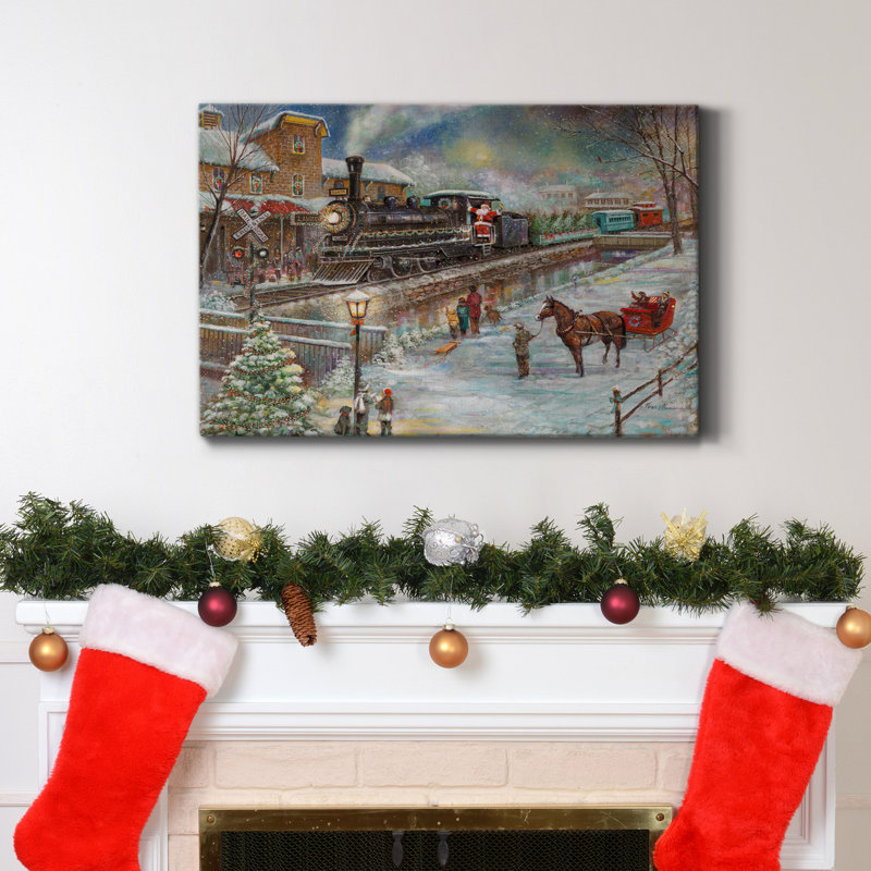 Toile tendue avec châssis de train de Noël de qualité supérieure - prête à être accrochée, H 27 po x l 18 po x P 1 po