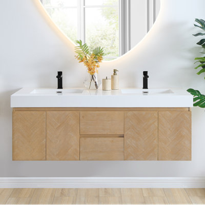 Ensemble de meuble-lavabo double mural 60 po avec lavabo encastré artificiel sans miroir Ventura