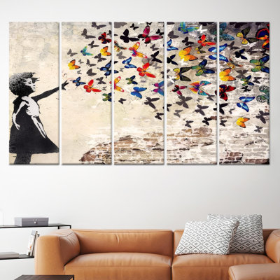 «Modern Banksy Girl», impression sur toile, art mural graffiti papillon, toile tendue 5P
