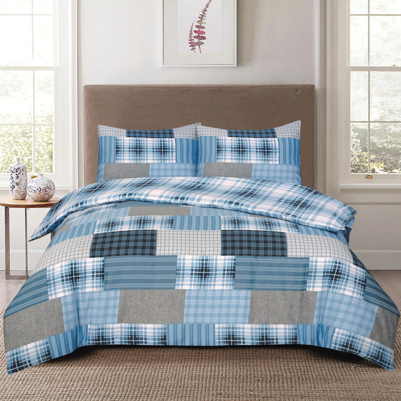 Duvet Cover Set with Pillowcases Cotton Rich Damask Pattern Bedding Soft Easy Care Wrinkle Resistant and Durable, Blue/Grey