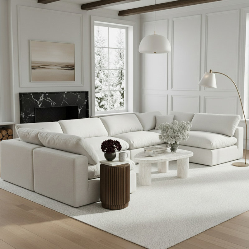 Canapé modulaire 6 pièces rembourré, Tissu texturé en lin blanc