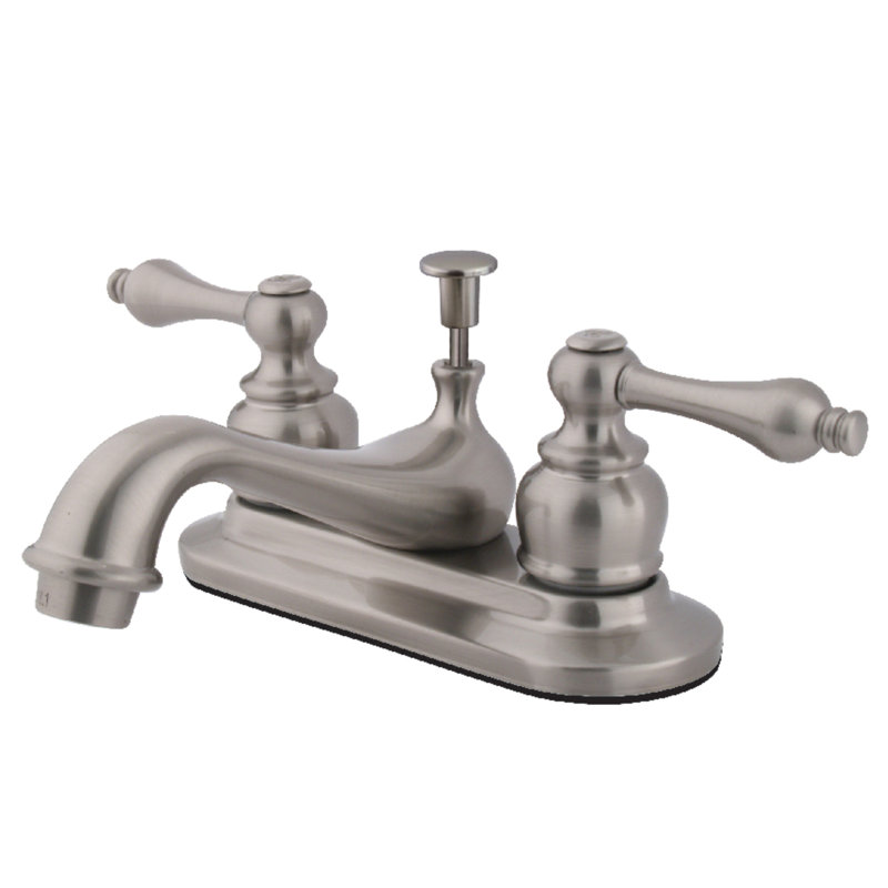Kingston Brass Restoration Two-Handle 3-Hole Deck Mount 4" Centerset Bathroom Faucet with Plastic Pop-Up, Brushed Nickel
