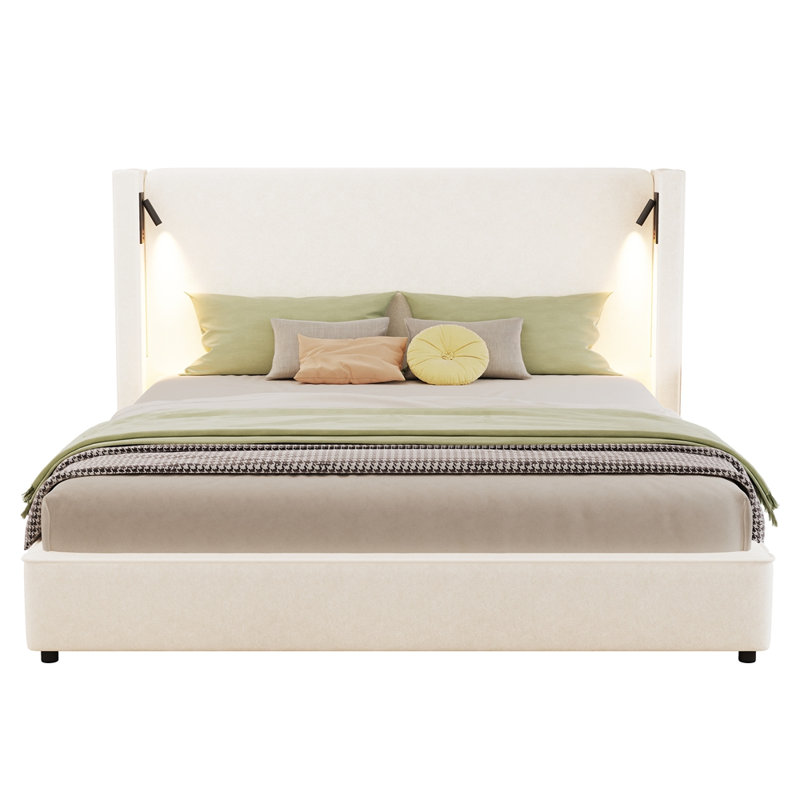 Base de lit tapissier moderne avec tête de lit haute à oreilles, lampe de lecture et port USB, Très grand