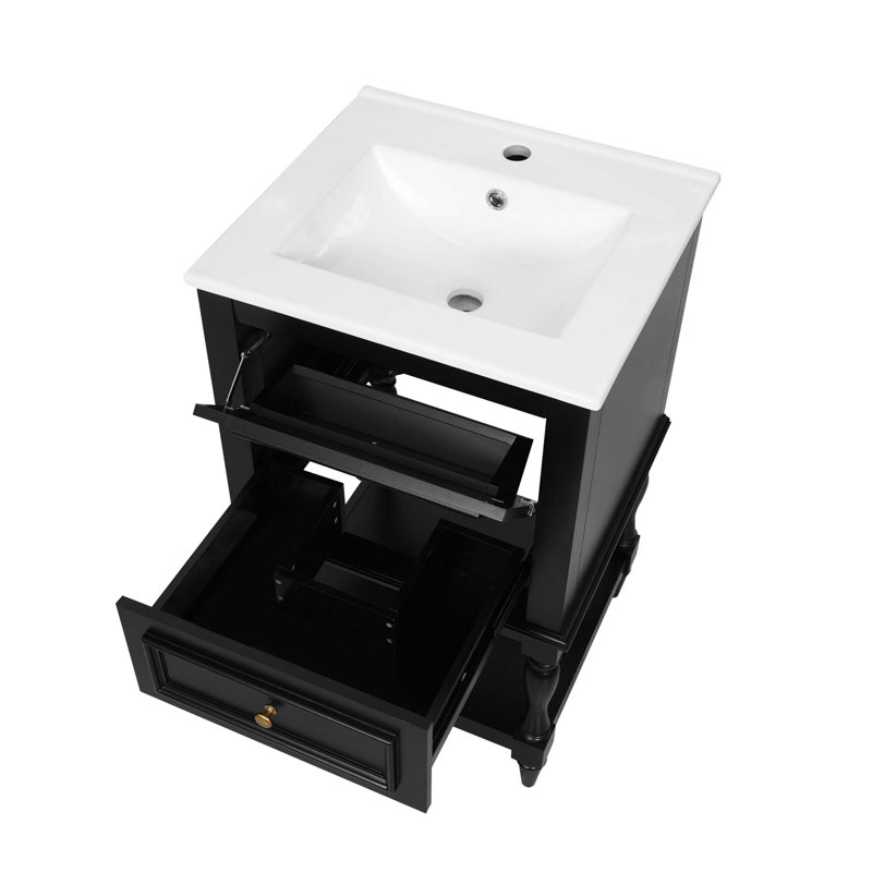 Meuble-lavabo rétro avec lavabo en céramique et rangement intelligent, Noir