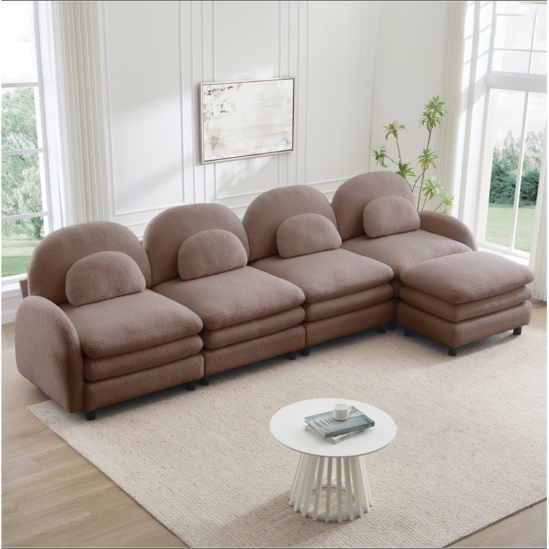 Canapé Teddy en tissu 4 places en forme de nuage, dossier incurvé et accoudoirs avec coussins lombaires incurvés, canapé modulaire 4 places modulaire avec repose-pieds mobile et coussin de soutien à double couche