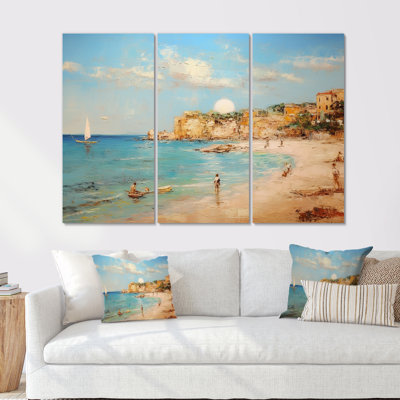 Pleine lune se levant au-dessus de l'océan italien - Ensemble de salon d'art mural de plage