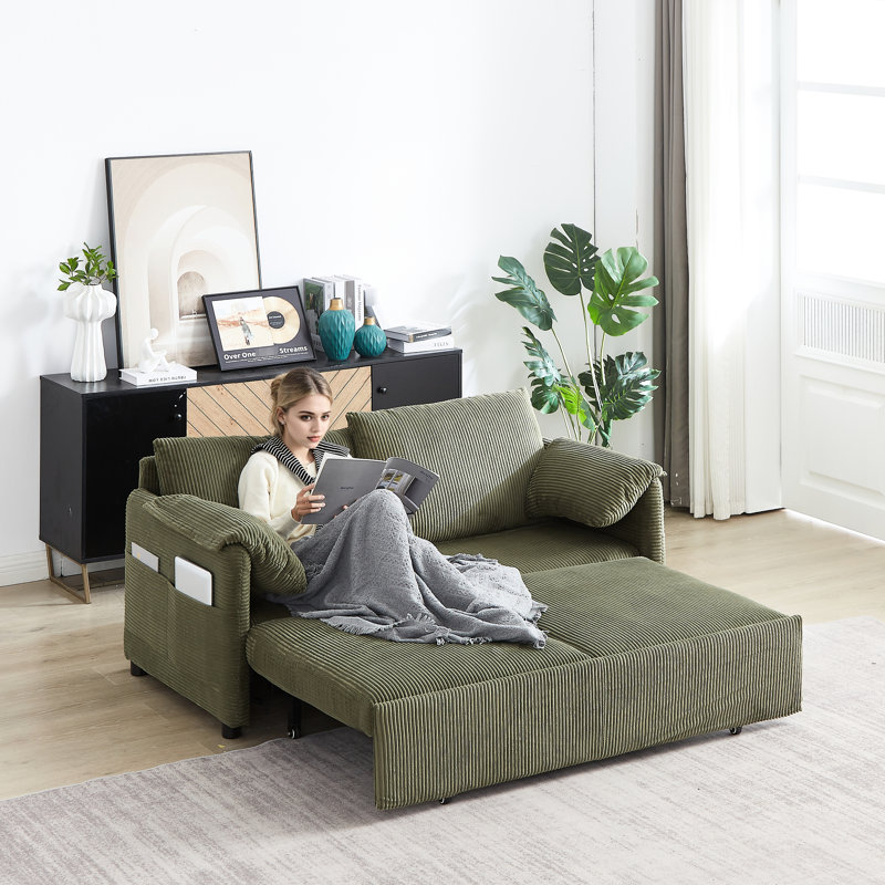Lit convertible de 164 cm, réglable en hauteur (31 positions), avec fonction gigogne, en velours côtelé, 2 oreillers et rangement latéral. Idéal pour un intérieur moderne et fonctionnel, ce lit offre un style élégant et pratique grâce à ses poches intégrées.