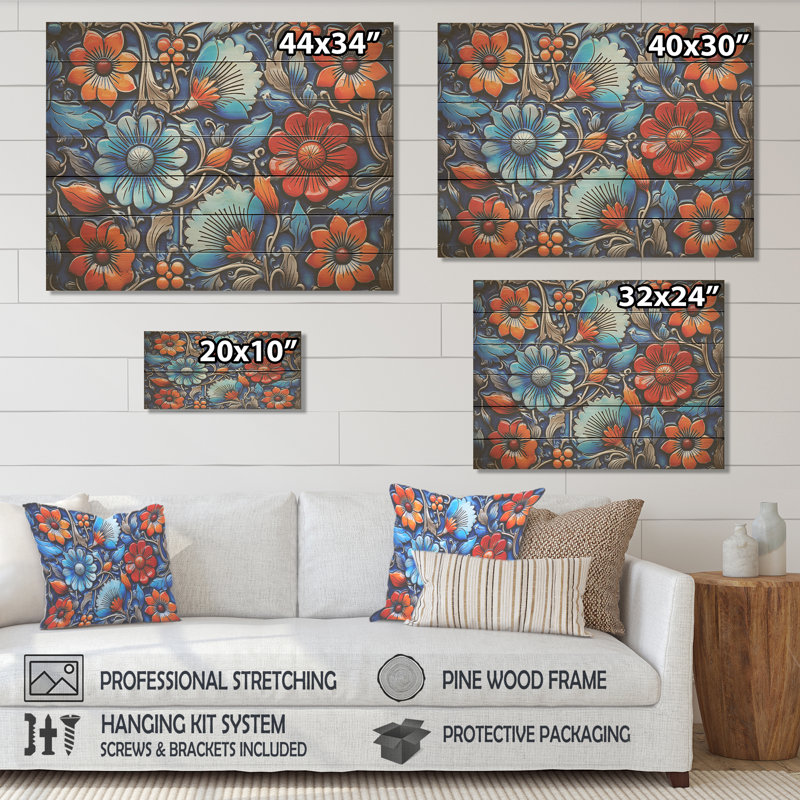 Floral bohème bleu et orange mosaïque 5 - mosaïque bohème sur bois, H 10 po x l 20 po