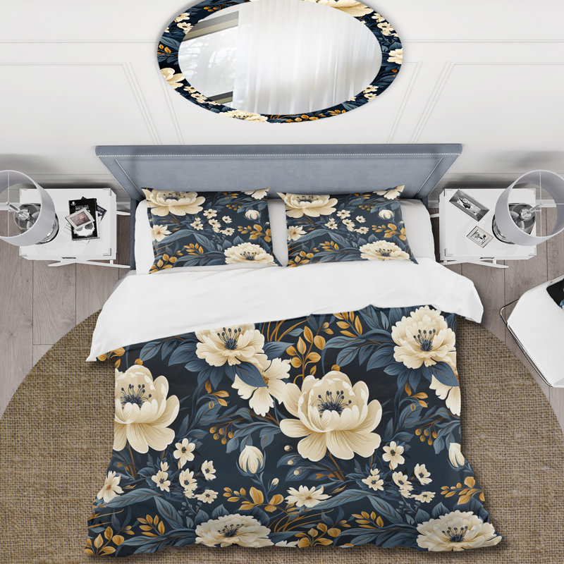 Dark Blue And White Allure Floral Pattern - Ensemble de housse de couette à motif floral
