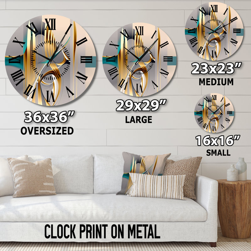 Horloge murale Minimal Gold Abstraction sur turquoise Horizon I - Fractals, Médium