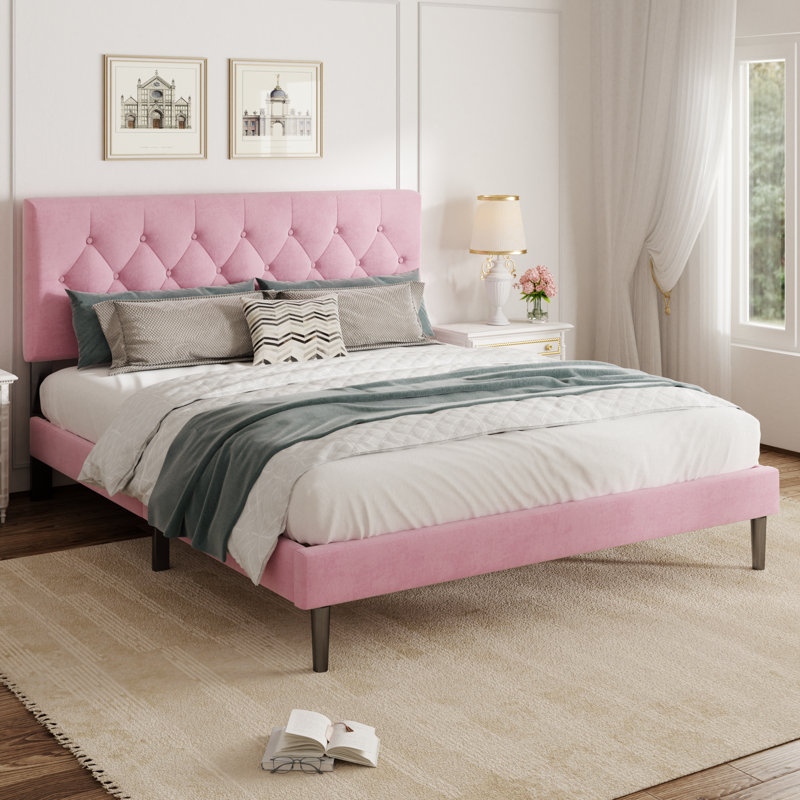 Upholstered Bed Frame with Headboard, Strong Wood Slat Support, King, Pink