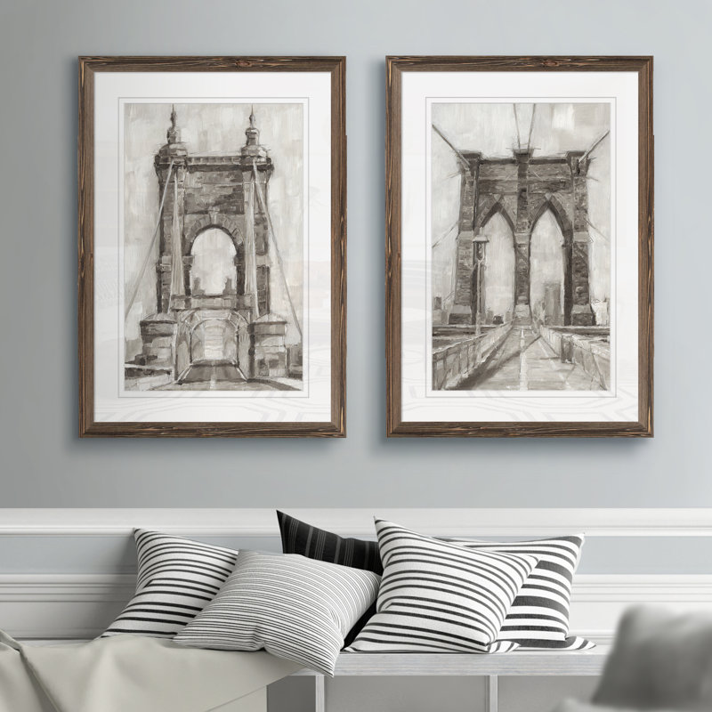 «Bridge Crossing I», ensemble de 2 reproductions d'art encadrées, H 20 po x l 16 po x P 1,25 po, Cadre espresso, Blanc