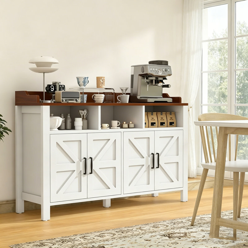 Buffet en bois 55 po, armoire de style campagnard avec 4 portes et rangement ouvert pour la salle à manger, blanc, Blanc
