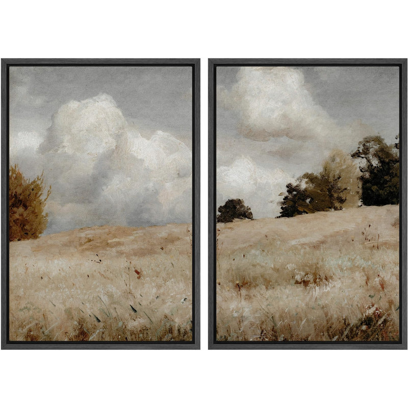 «Clouds Over Grassland Nature Wilderness Landscape Rustic Decor», reproduction d'art sur toile encadrée 2 pièces, Cadre noir