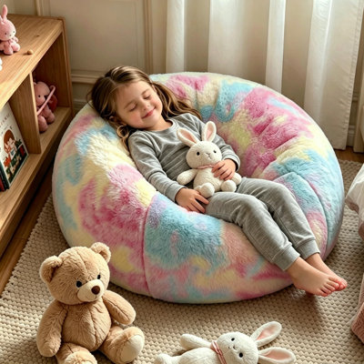 Fauteuil à billes arc-en-ciel en fausse fourrure de lapin pour enfants