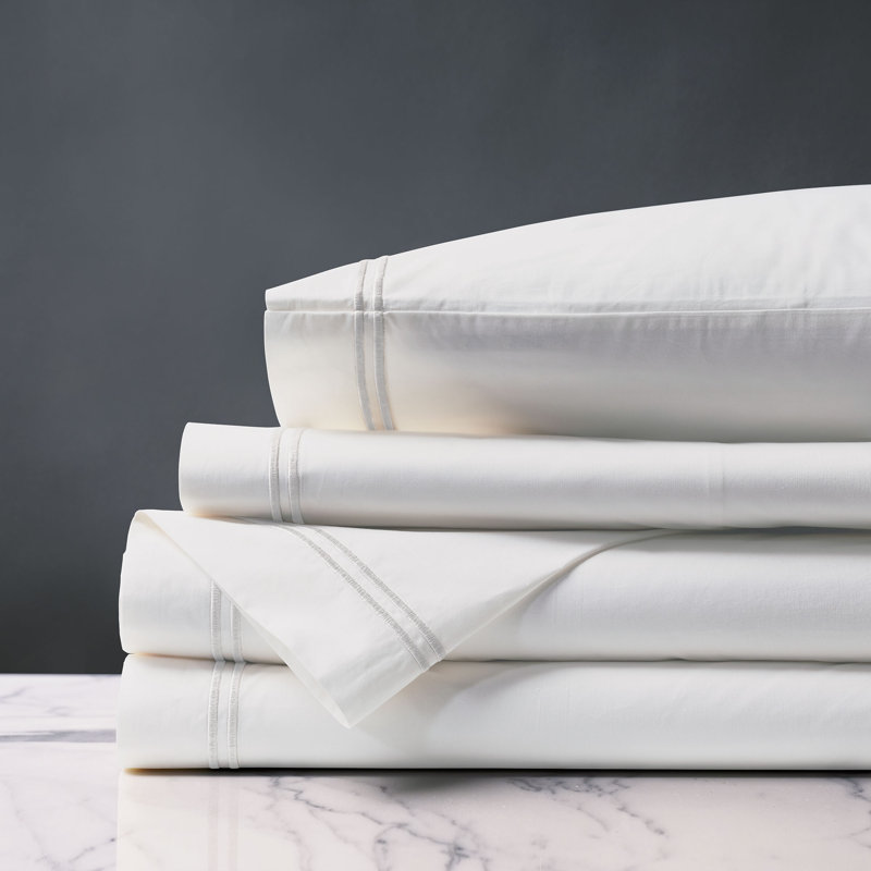 Enzo 100% Cotton Percale Sheet Set, Queen Sheet Set + 2 Pillowcases, White/Silver
