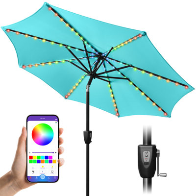 7.5 Ft Solar Umbrella, 32 COLORFUL LED Lighted Patio Umbrella,Outdoor Umbrella, Yard Umbrella, Market Umbrella With 8 Sturdy Ribs, Push Button Tilt And Crank
