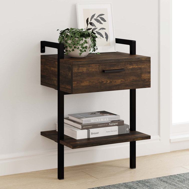 Navarro Rustic Wall Mount Nightstand with Drawer and Storage Shelf