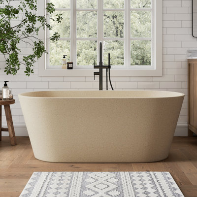 59'' Terrazzo Freestanding Solid Surface Outdoor Stone Concrete Soaking Bathtub Creamy