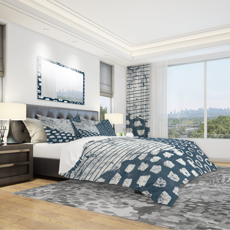 Indigo rayures and Tile - Ensemble de housse de couette moderne et transitionnel - Microfibre de polyester