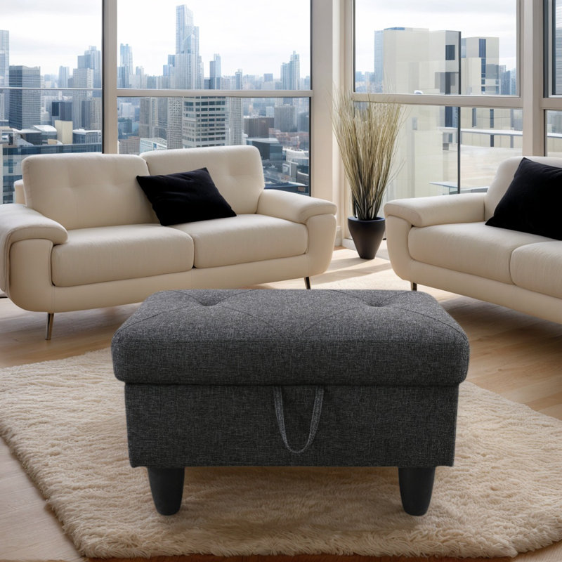 Rehmaan Upholstered Storage Bench, Black/Gray 100% Cotton