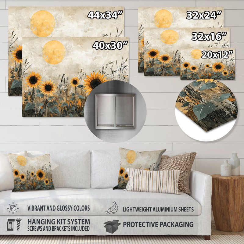 Hiver, tournesols, champs, campagne, impression sur métal, H 12 po x l 20 po