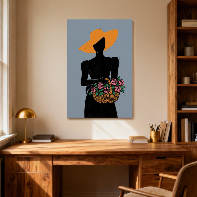 Plantes et fleurs, silhouette, femme, chapeau jaune, panier de fleurs, H 40 po x l 28 po