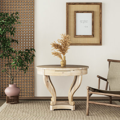 Table de salle à manger ronde de petite taille, style, pieds courbés, finition en bois naturel, 2 tiroirs de rangement, avec placage de sapin, pour le petit bois vieilli, qualité et