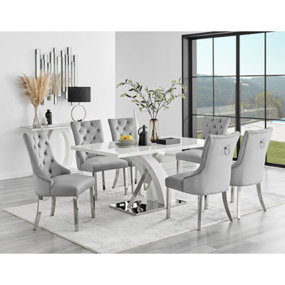 Marietta Chrome Metal & White High Gloss Dining Table Set - 6 Button Luxury Velvet Dining Chairs
