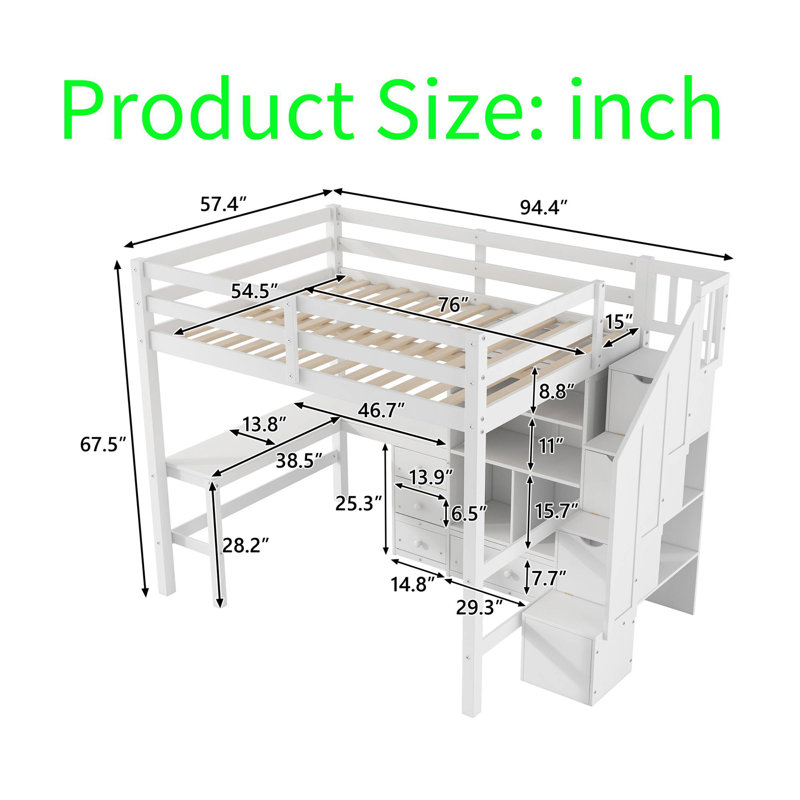 Lit mezzanine avec bureau en L, tiroirs de rangement et armoire, fabrication en bois de pin et en bois aggloméré, aucun sommier requis - Taille double