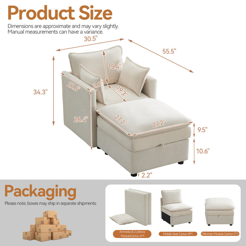 Upholstered Accent Chair + Storage Ottoman Set – 2-Piece with Hidden Compartments, Beige
