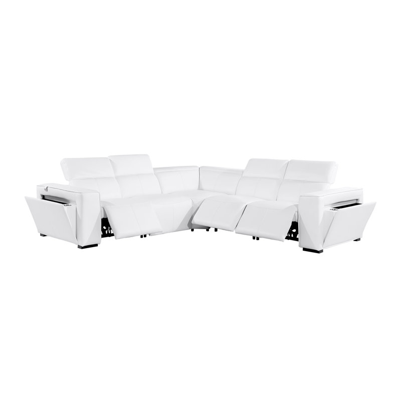 Top Grain Italian Leather 5-Piece L-Shaped Modular Power Reclining Sectional With Power Headrests, White Genuine Leather