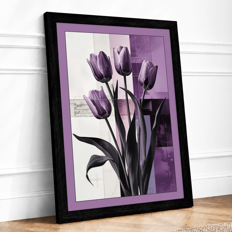 Dark Tulip Bouquet Botanical - Framed Print, A2 - 59.4 x 42.0 cm, Black