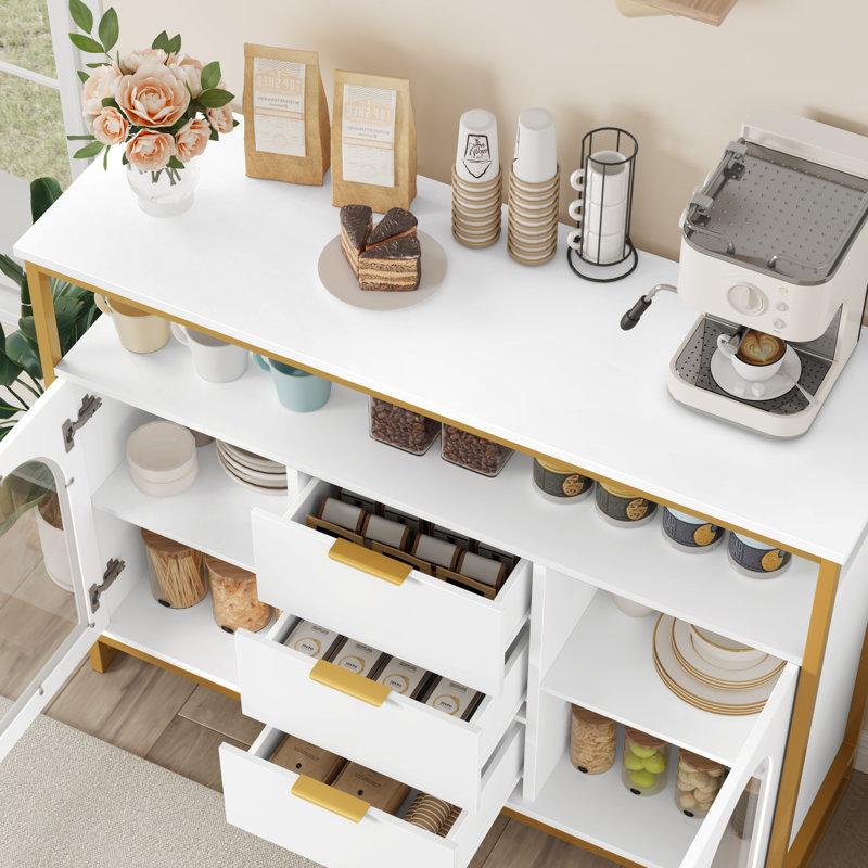 Buffet 3 tiroirs, blanc et or